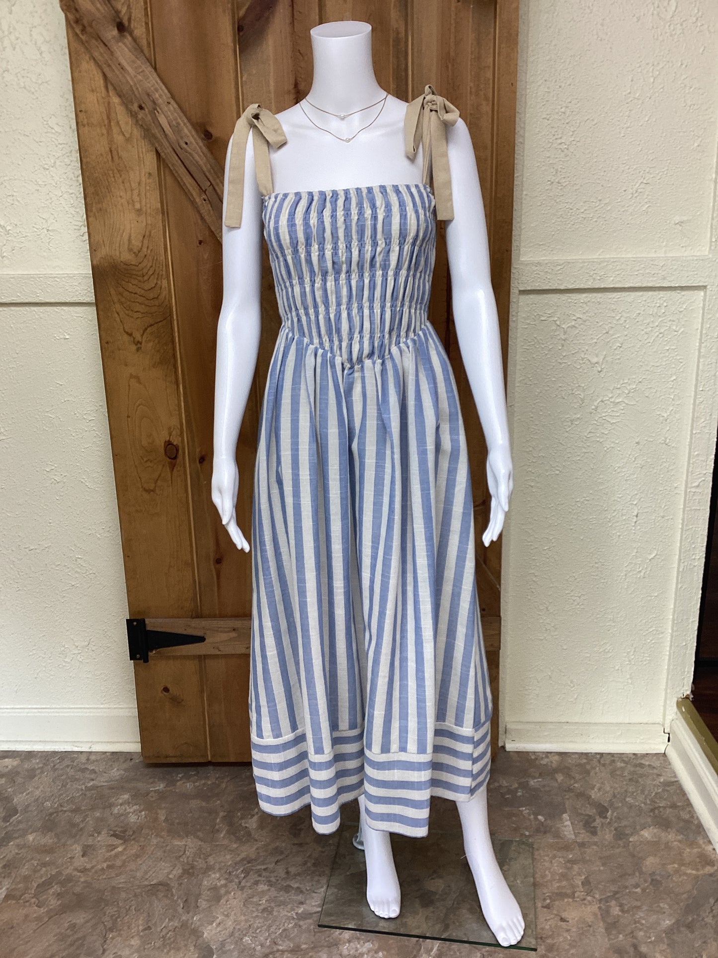 Blue Stripe Tie Top Midi Dress