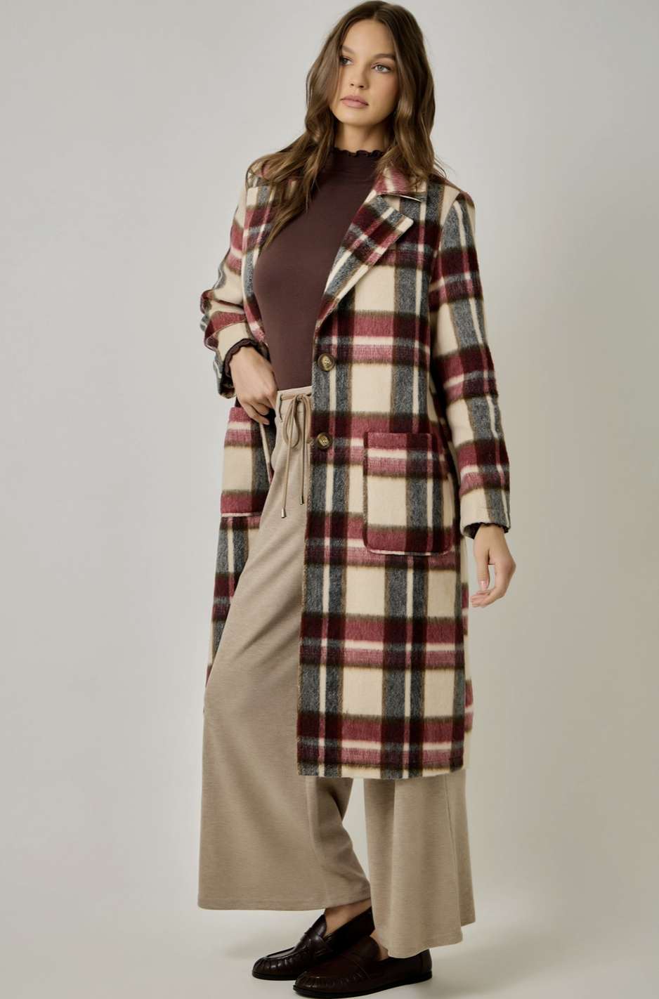 Brushed Plaid Double Button Long Coat