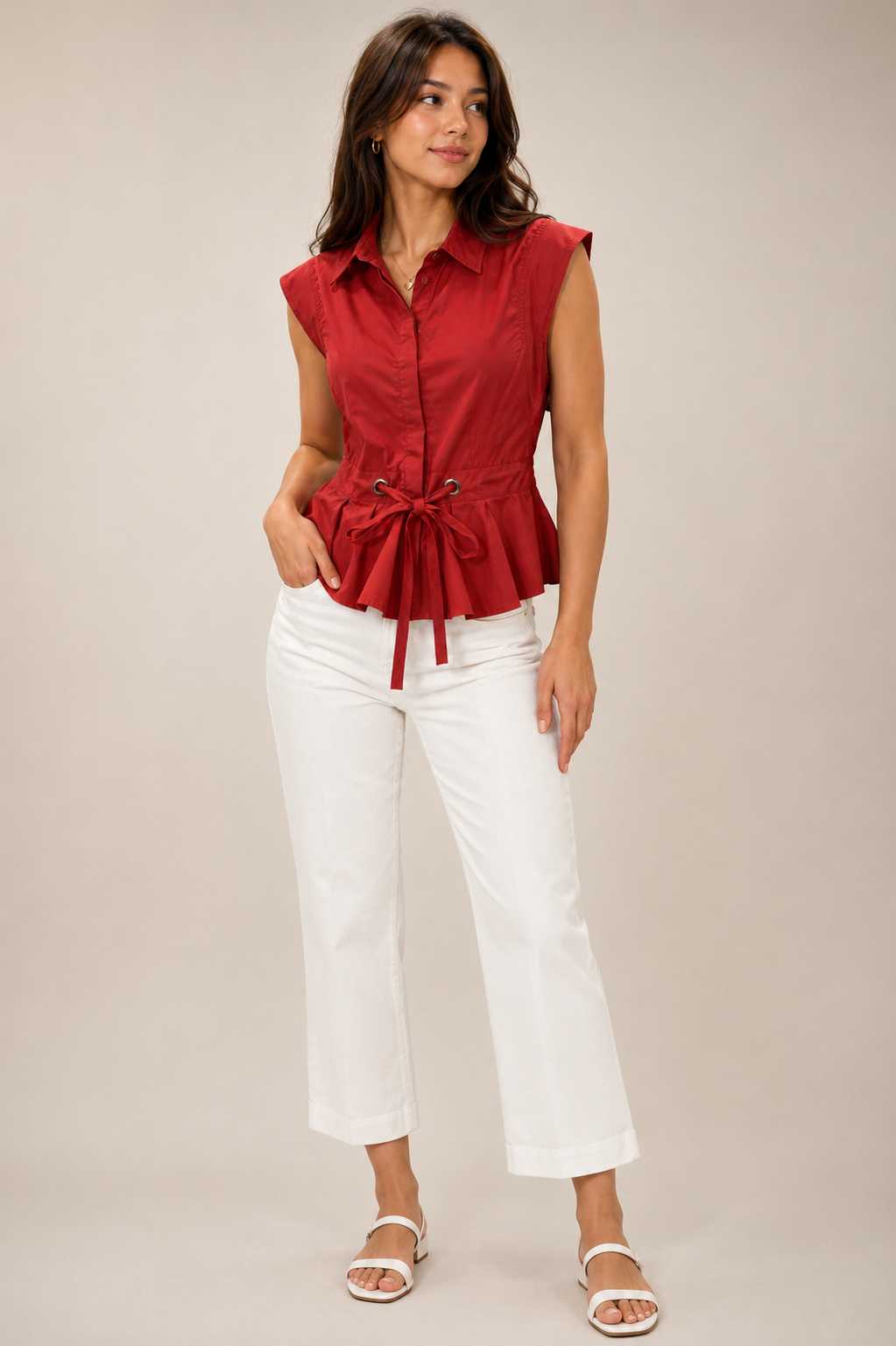 Collar Sleeveless Pleated with Tie Top