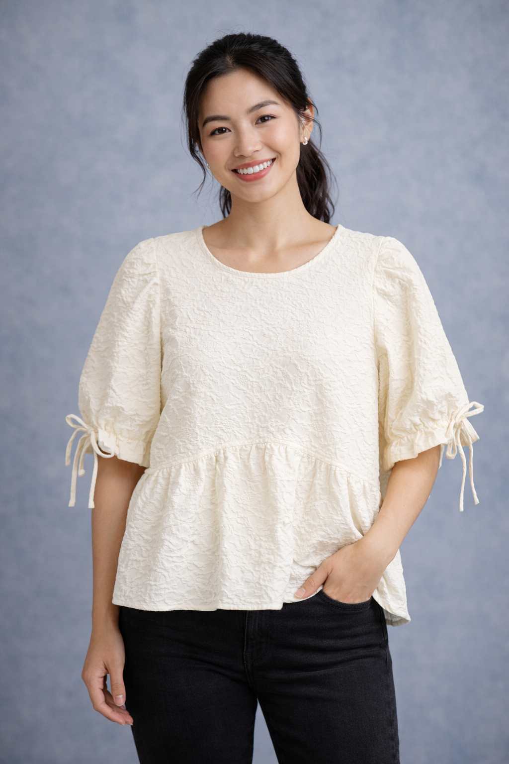Crinkle Peplum Puff Sleeve Blouse