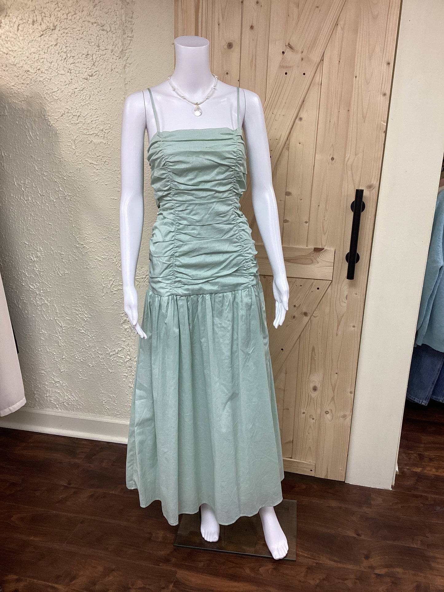 Mint Ruched Linen Maxi Dress