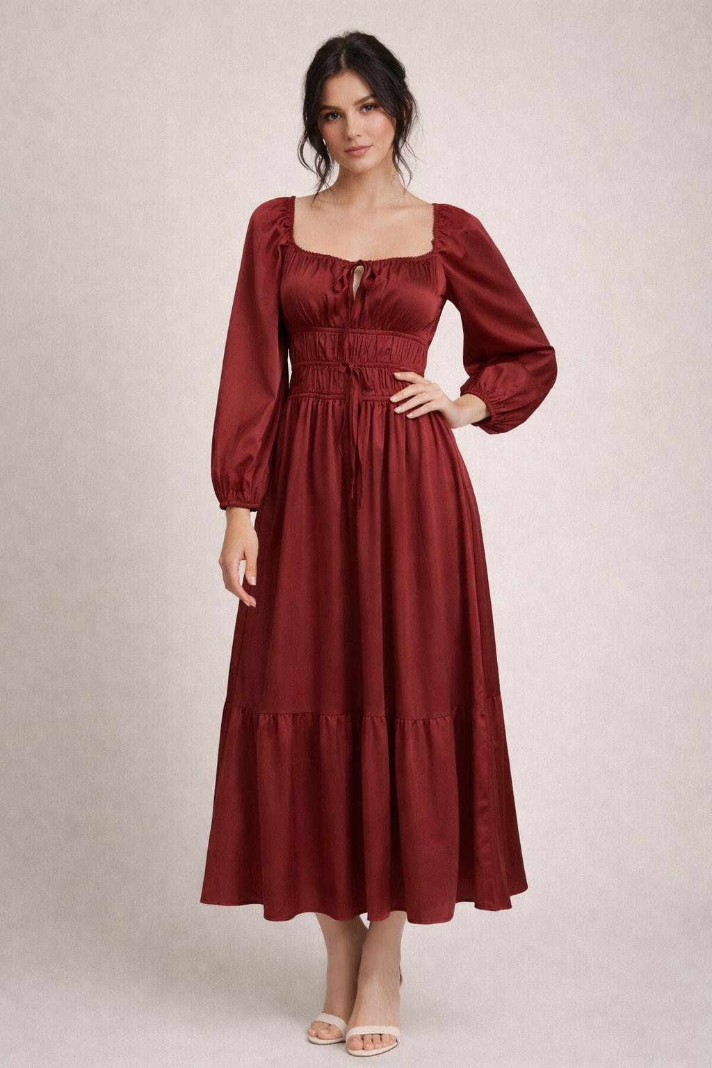 Dark Red Gathered Full Length Dress