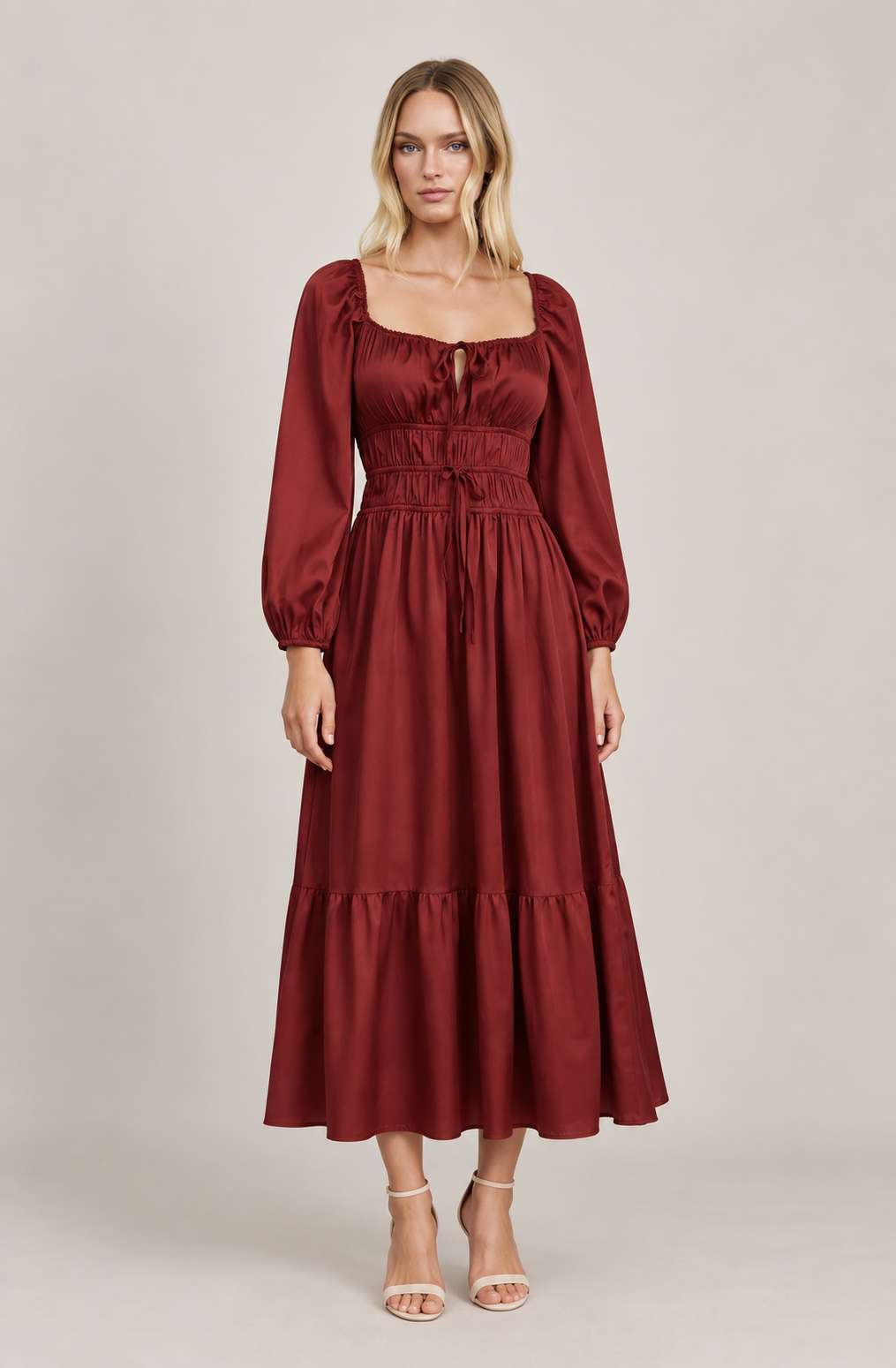 Dark Red Gathered Full Length Dress