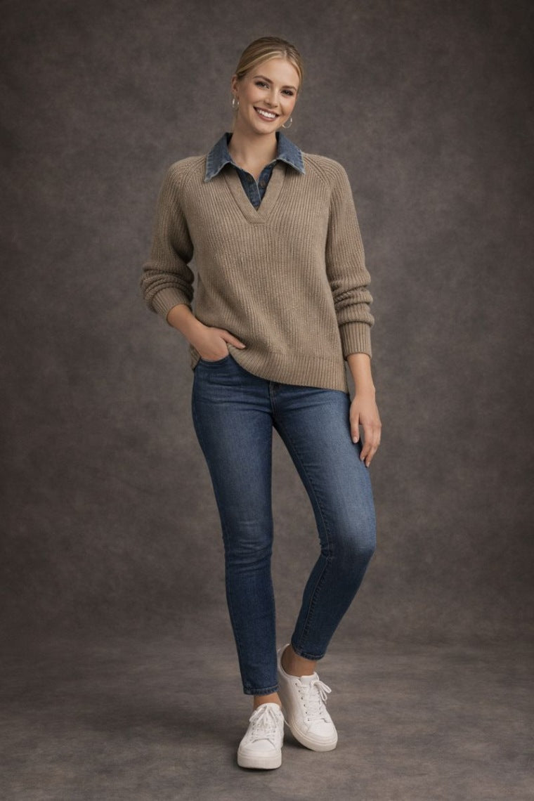 Denim Button Collar V-Neck Sweater