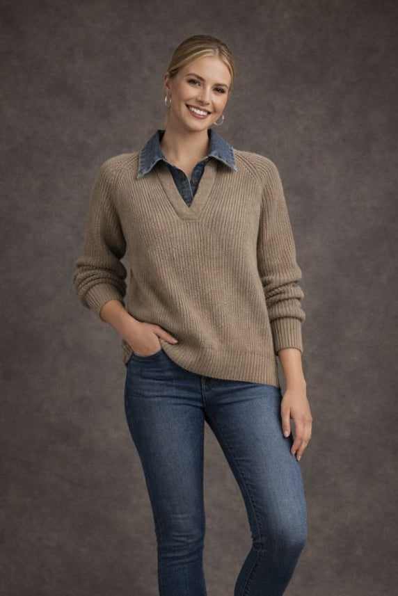 Denim Button Collar V-Neck Sweater
