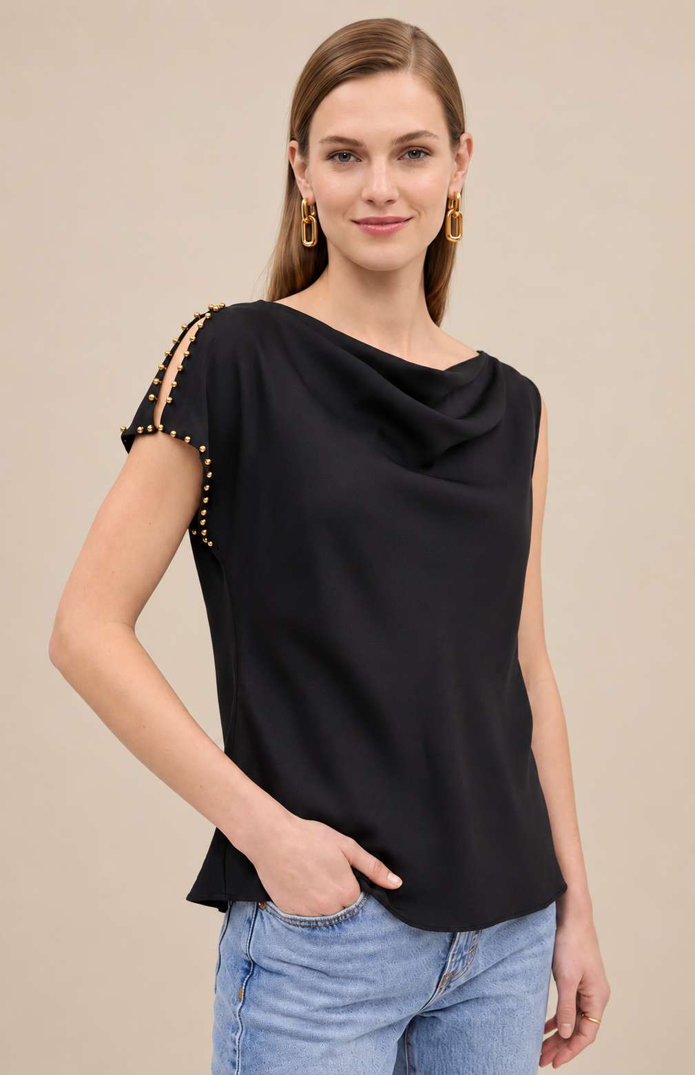 Draped Textured Satin Studded Top