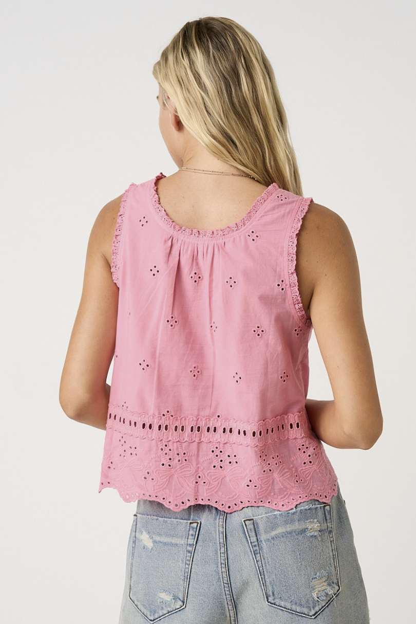 Embroidered Eyelet Button Tank Top