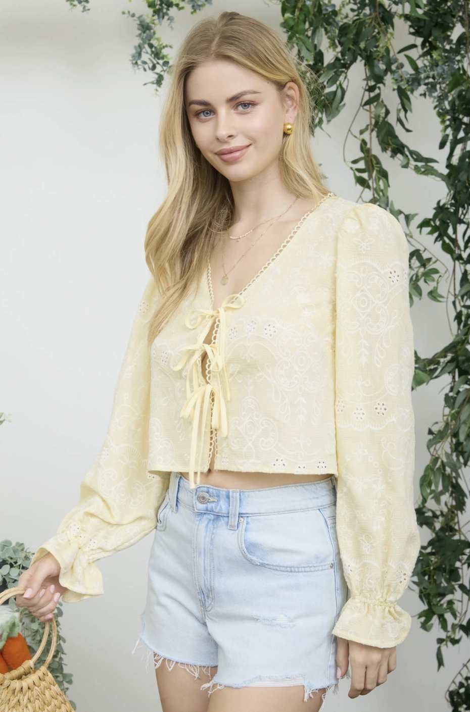 Embroidered Long Sleeve Front Tie Top