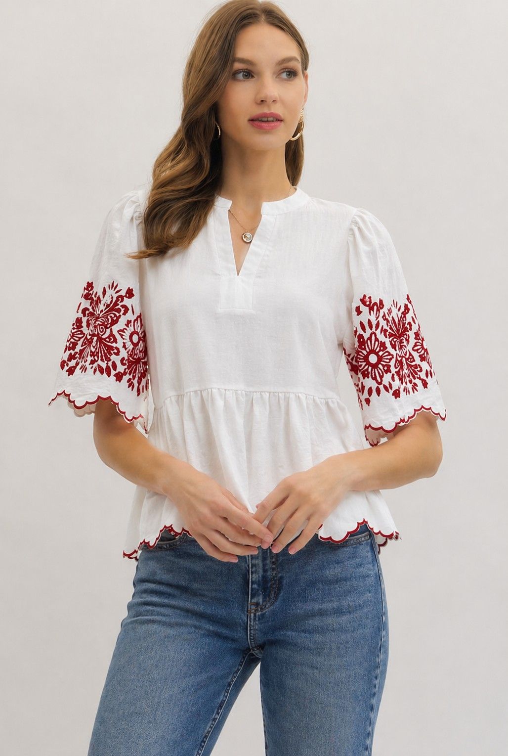 Embroidered Sleeve Scallop Hem Top