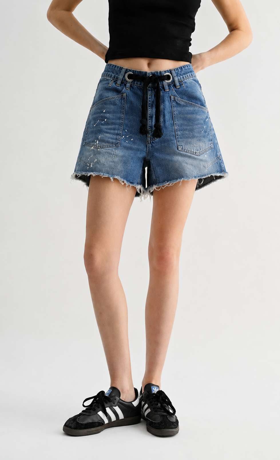 Eyelets Drawstring Waist Frayed Shorts