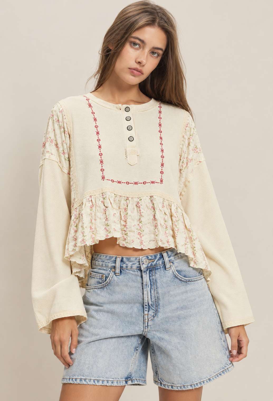 Flare Embroidered Detail Crop Knit Top