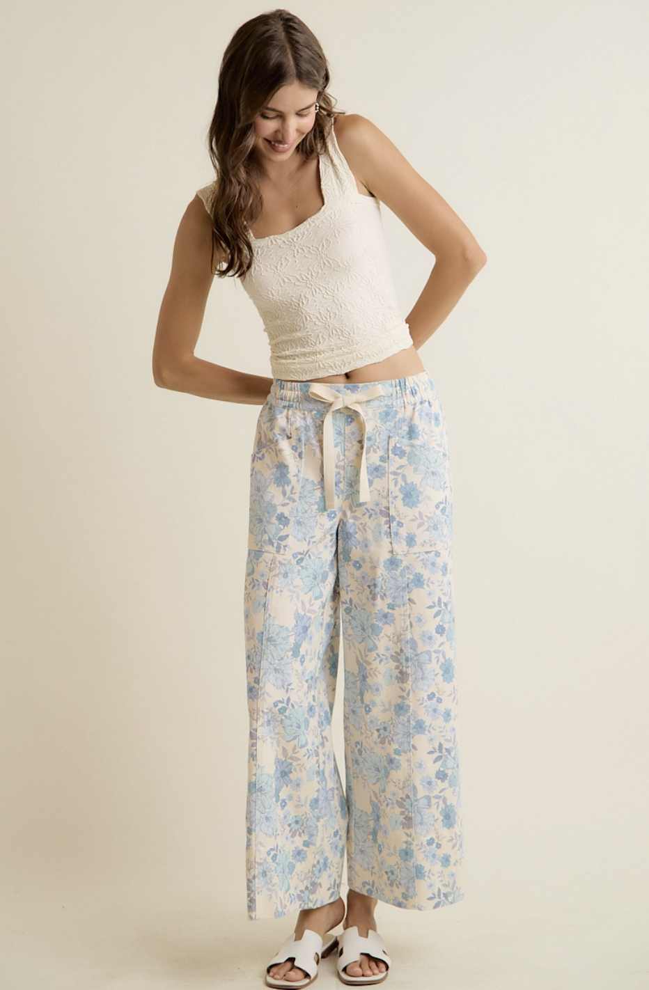 Floral Cotton Twill Waist Wide Pants