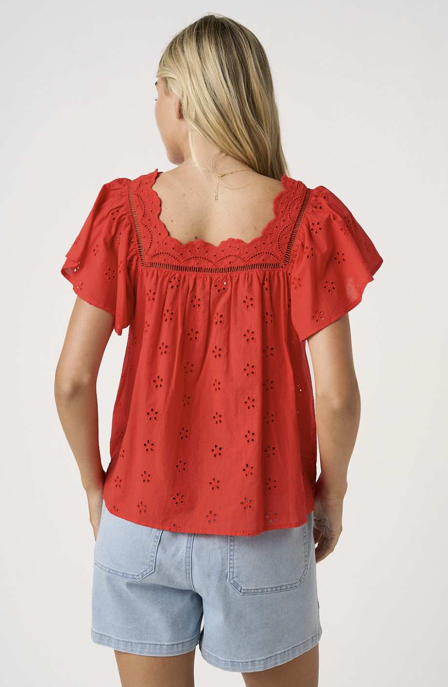 Floral Eyelet Short Flutter Sleeve Top