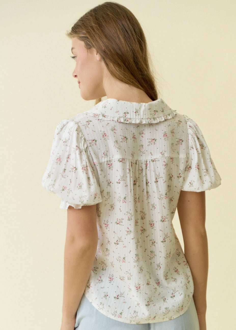 Floral Print Collared Puff Sleeve Top