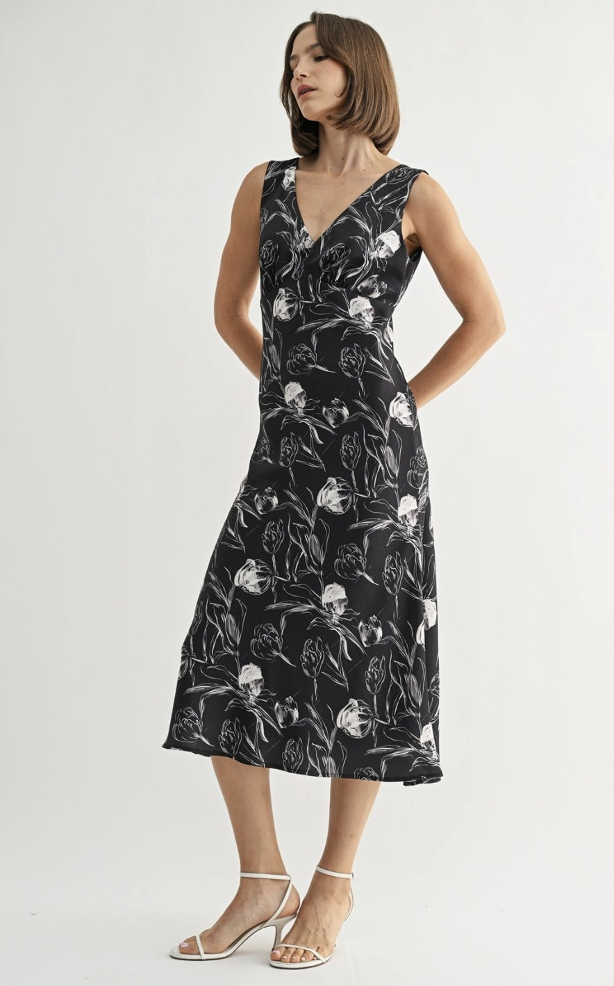 Flower Satin V Neck Dress