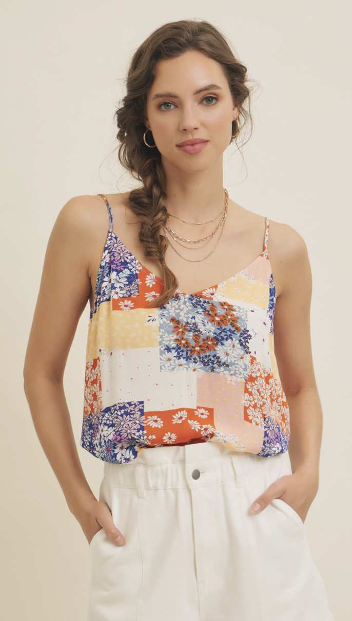Gauze Floral Patchwork V-Neck Top