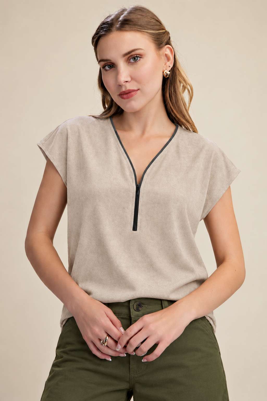 Half Zip Soft Matte Drop Shoulder Top