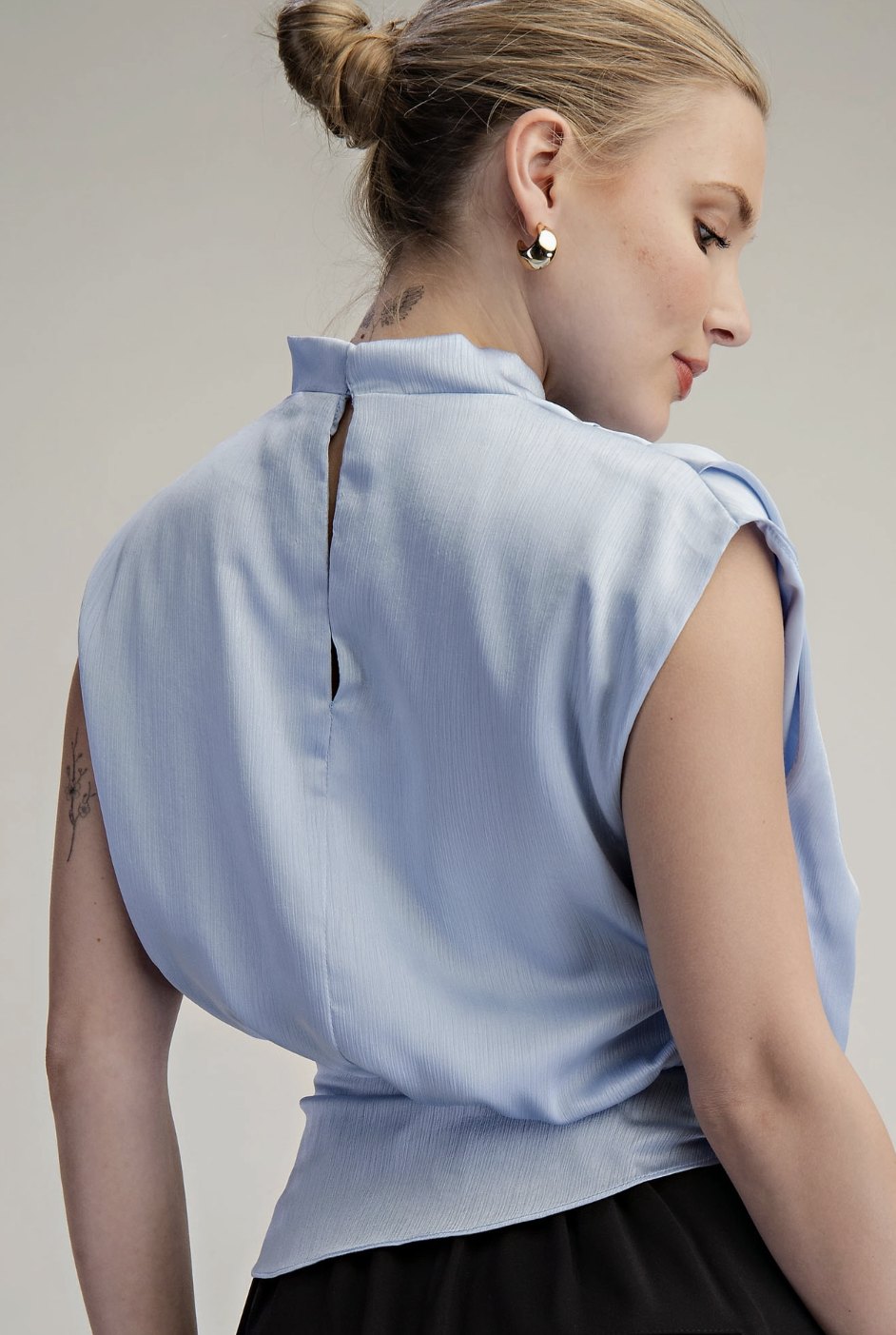 High Draped Neck Waist Tie Blouse