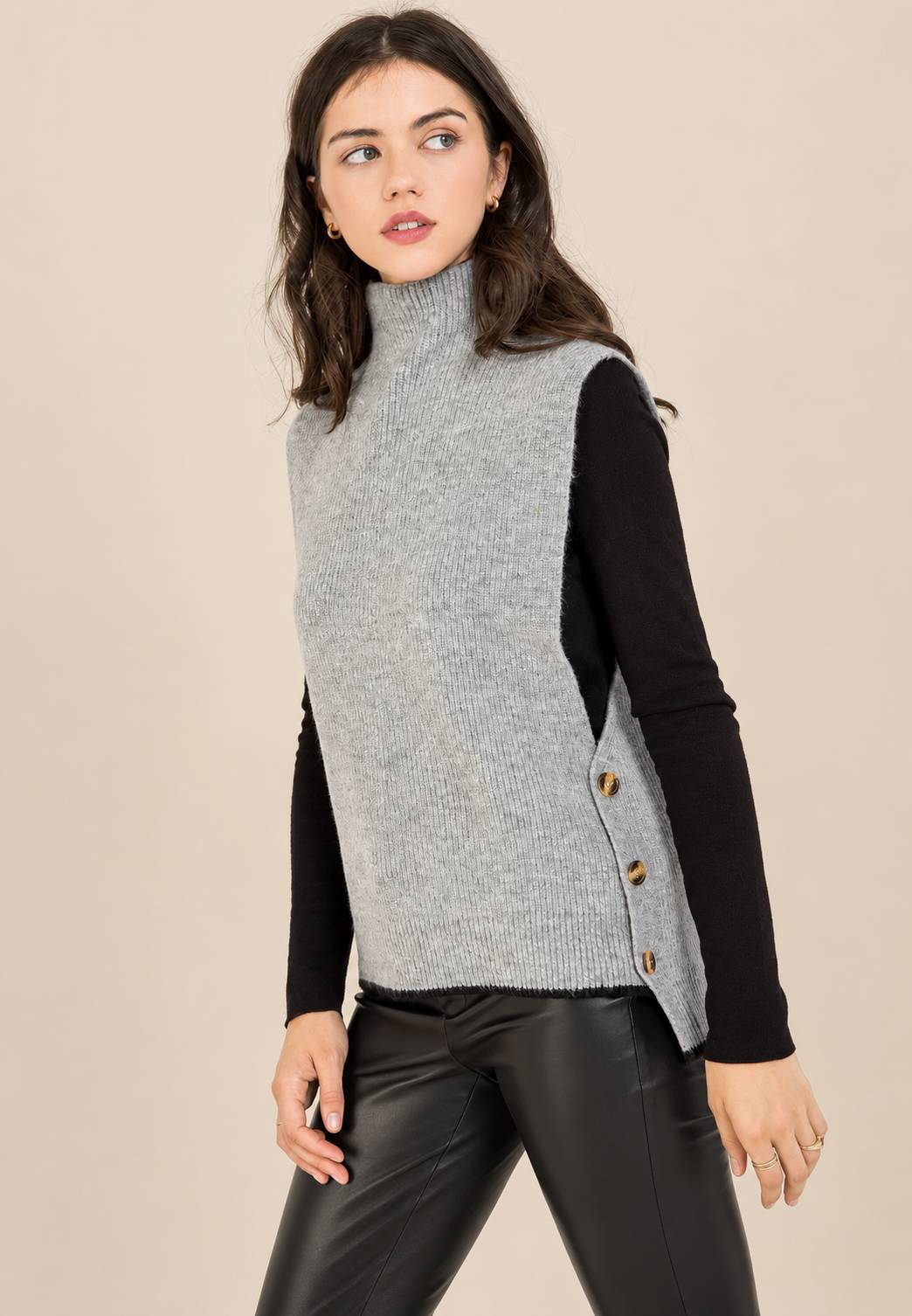 High Neck Sweater Vest with Side Buttons