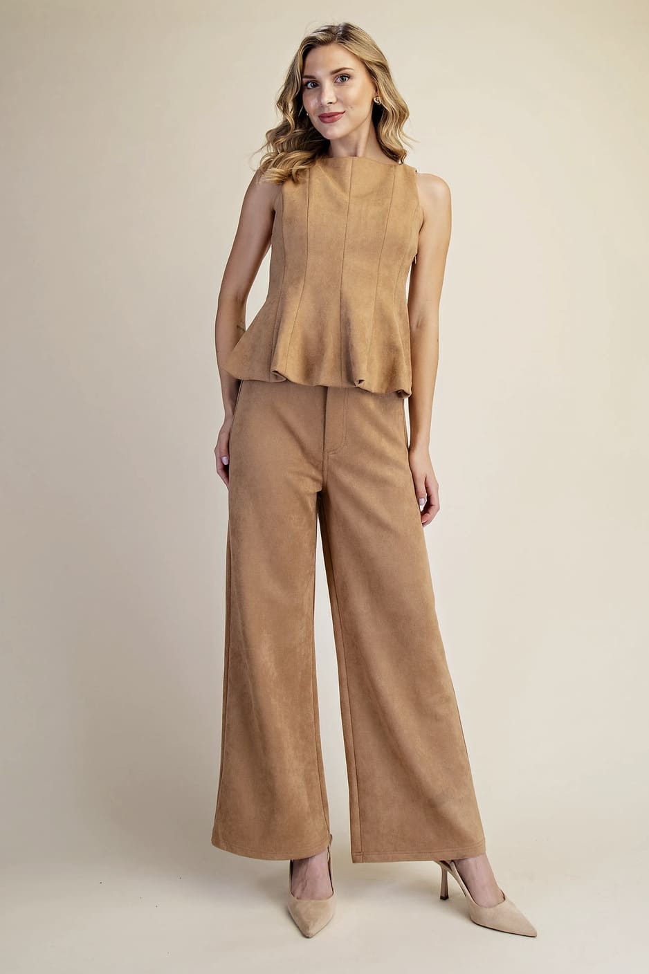 Suede Boat Neckline Peplum Top