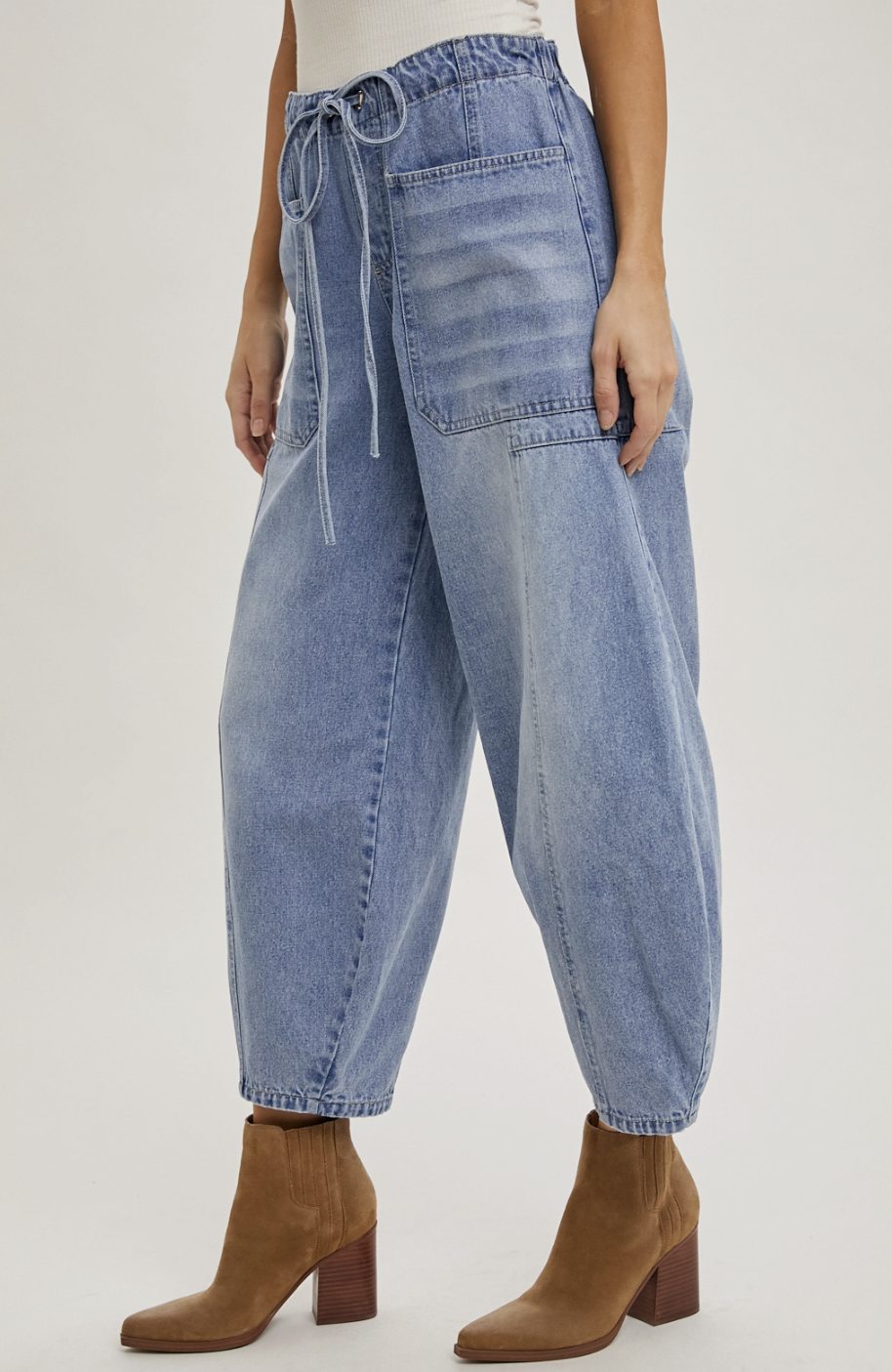Mid-Waist Drawstrings Barrel Jeans