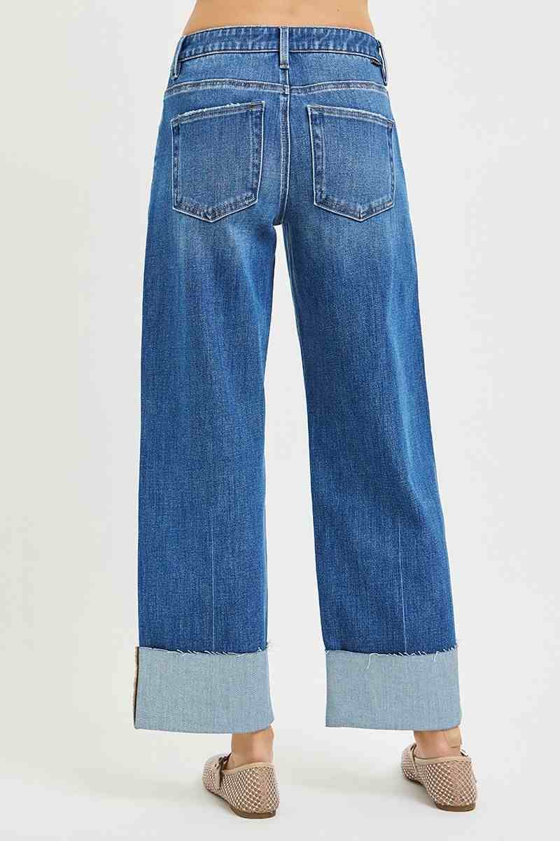 Mid Rise Crop Straight Cuff Hem Jeans