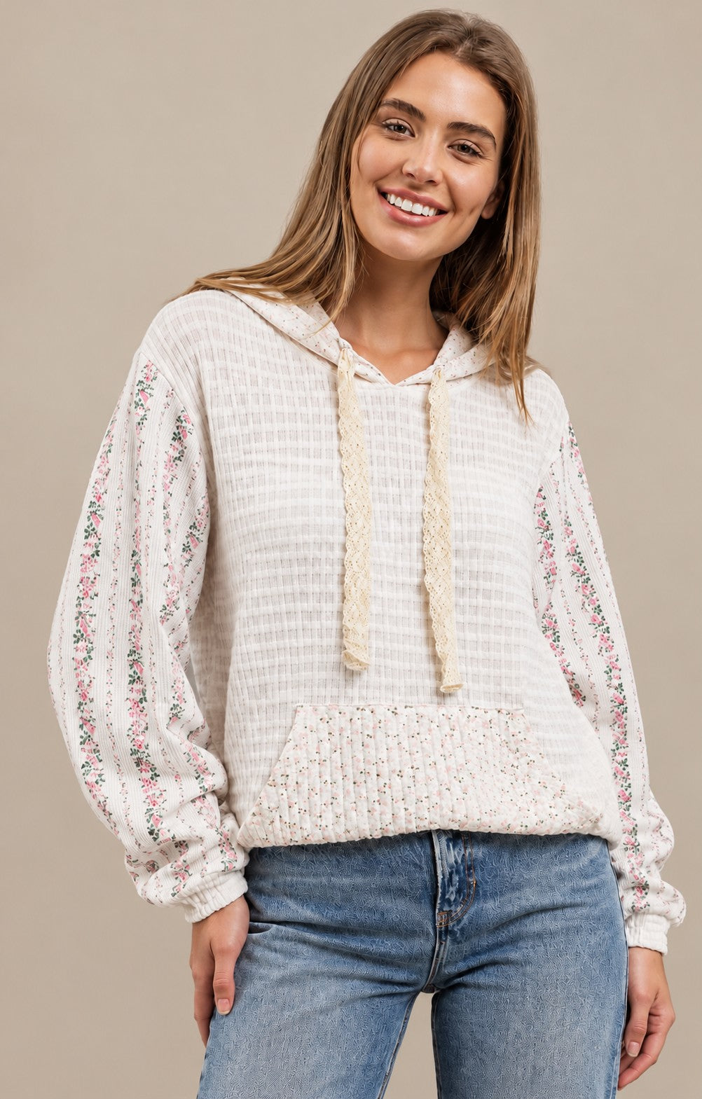 Mixed Knit Contrast Hooded Pullover