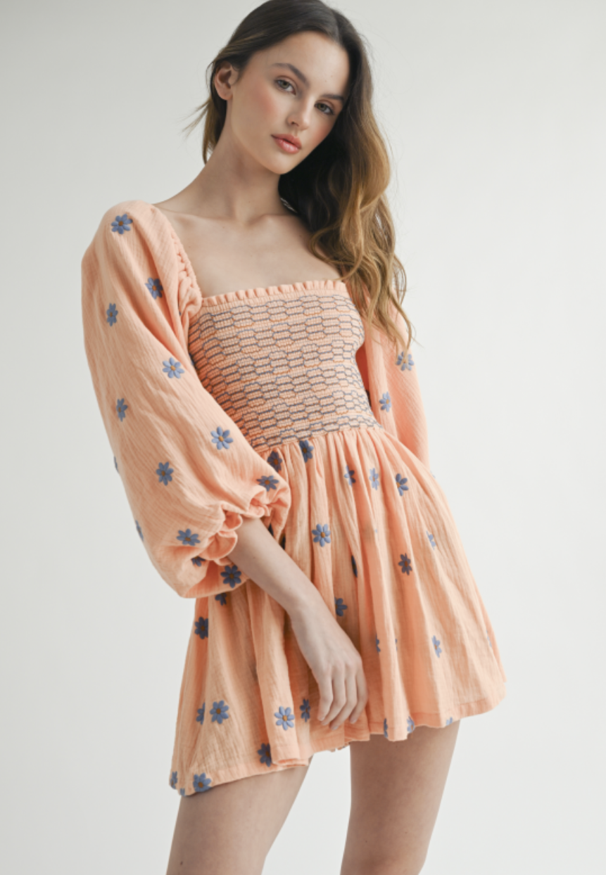 Orange Floral Long Sleeve Romper