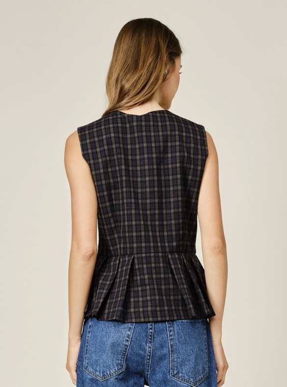 Pleated Flare Plaid Button Down Vest