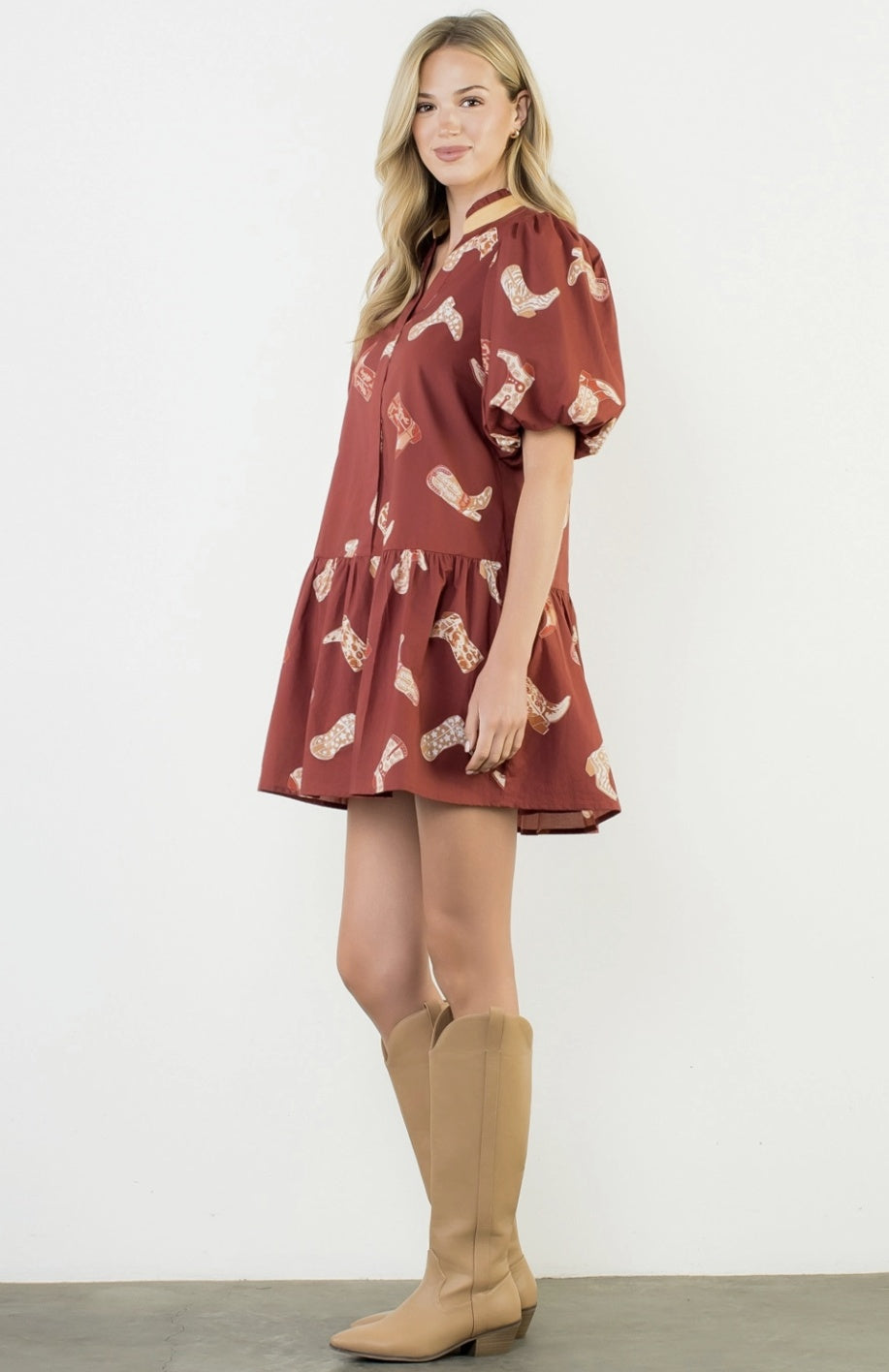 Puff Sleeve Boots Print Dress