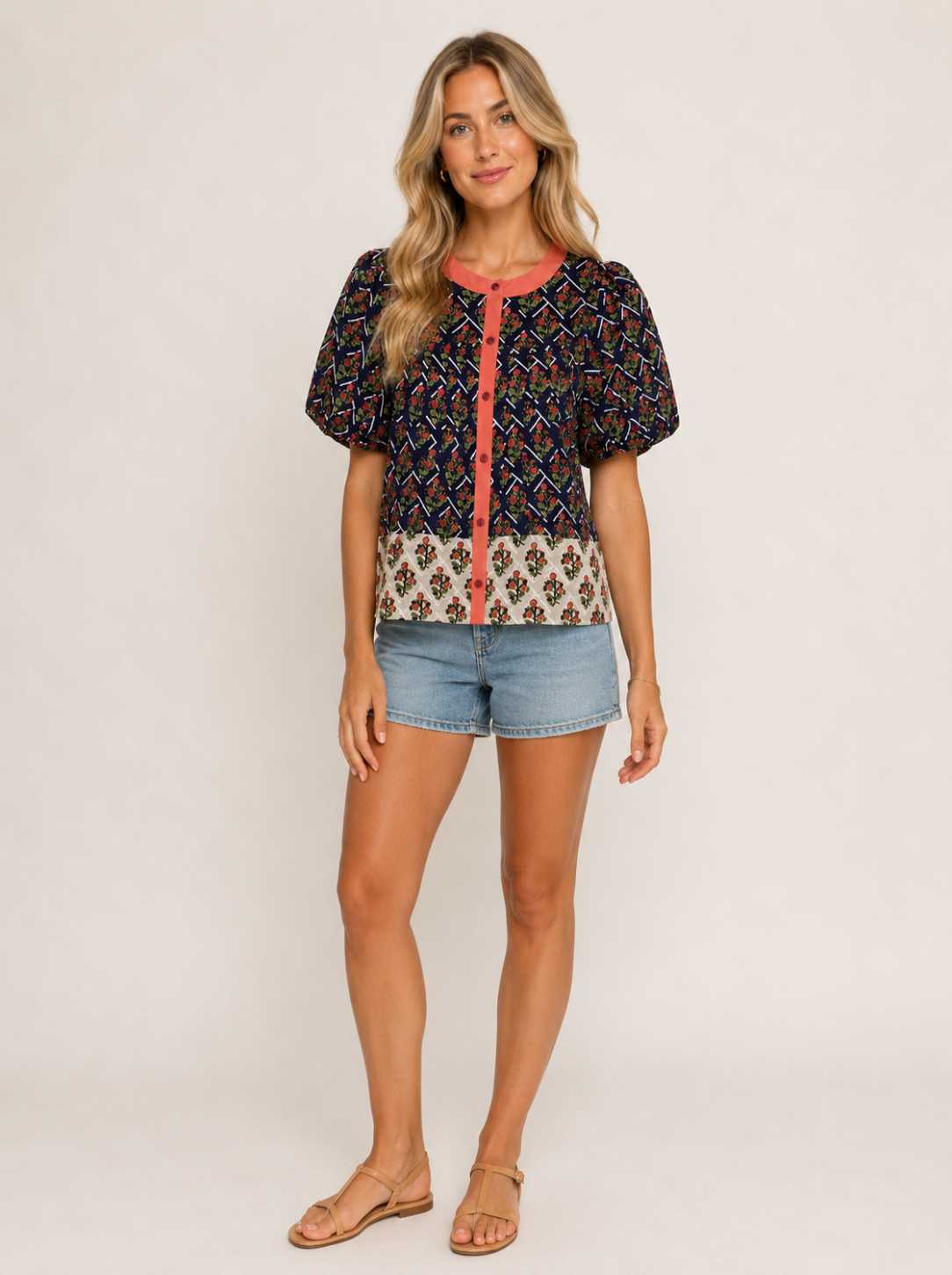 Puff Sleeve Button Patterned Blouse
