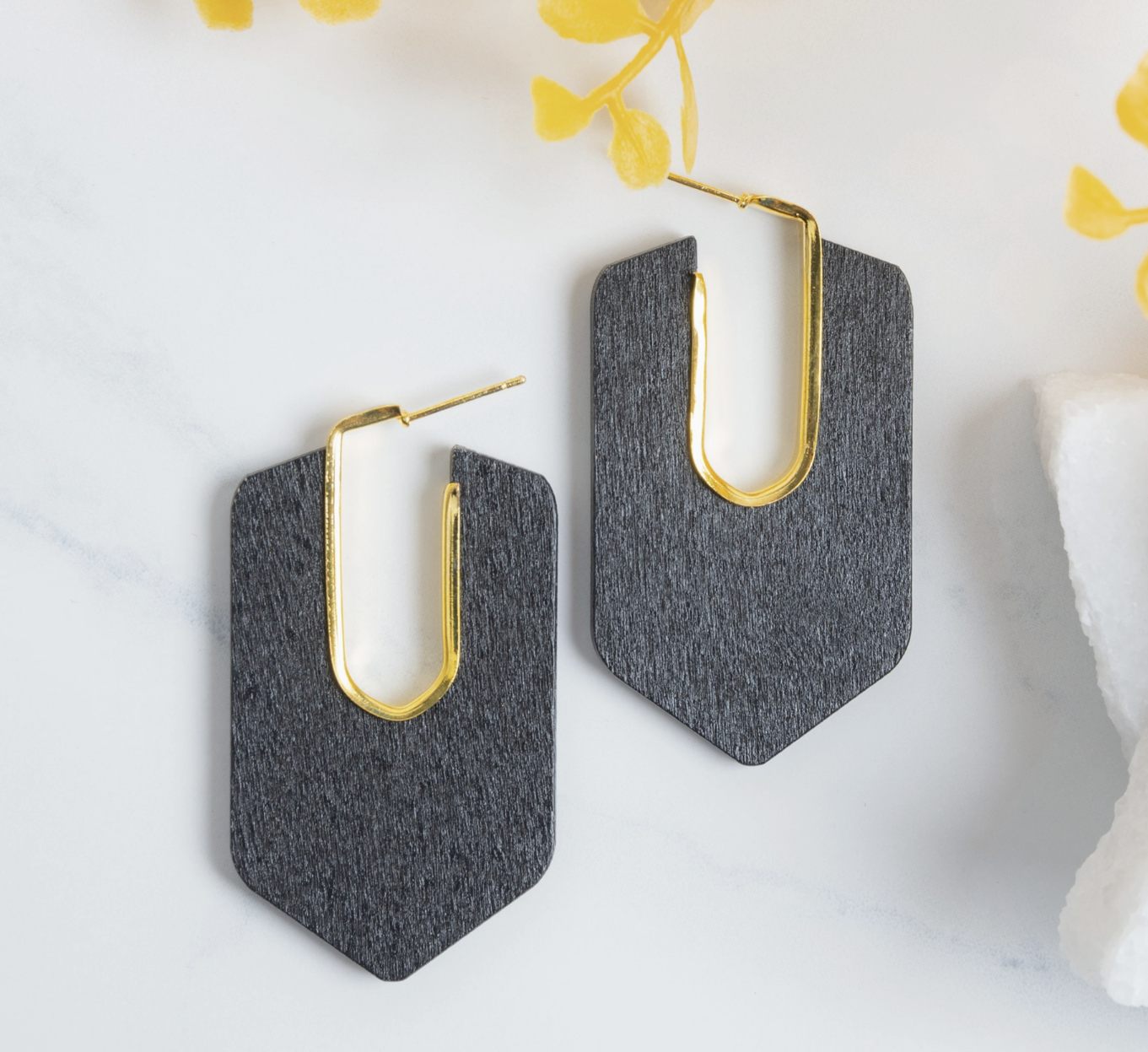Samira Black Abstract Wood Drop Earrings