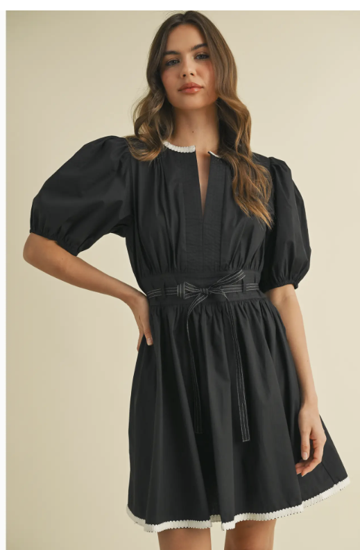 Black/Ivory Puff Sleeve Dress W/ Belt