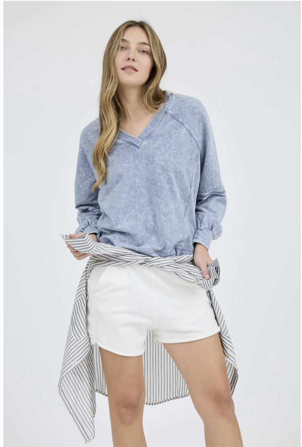 Washed V Neck Exposed Seam