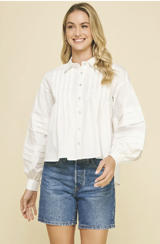 Pleat Button Down Shirt Ivory