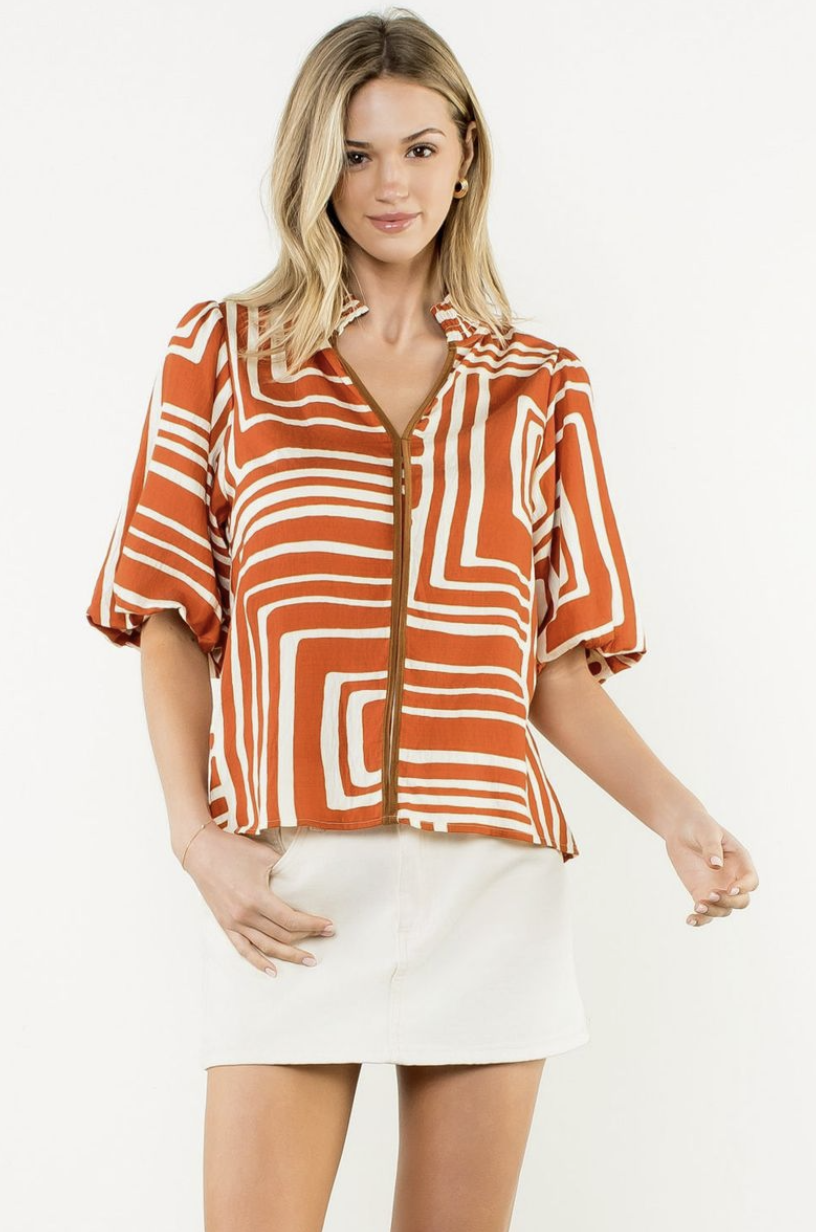 Puff Sleeve Print Top Orange