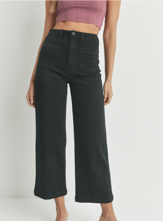 Patch Pocket Wide Leg Black Jeans