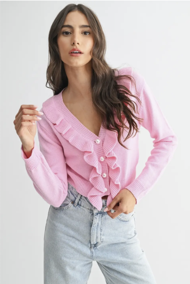 Ruffled Knit Cardigan Pink