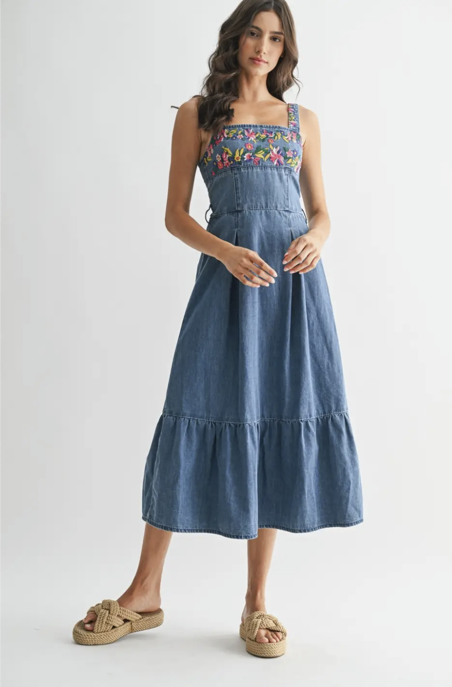 Floral Embroidered Denim Sundress