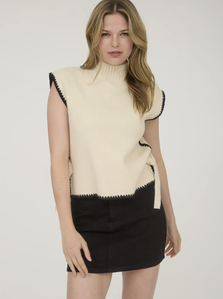 Mock Neck Contrast Side Tie Sweater
