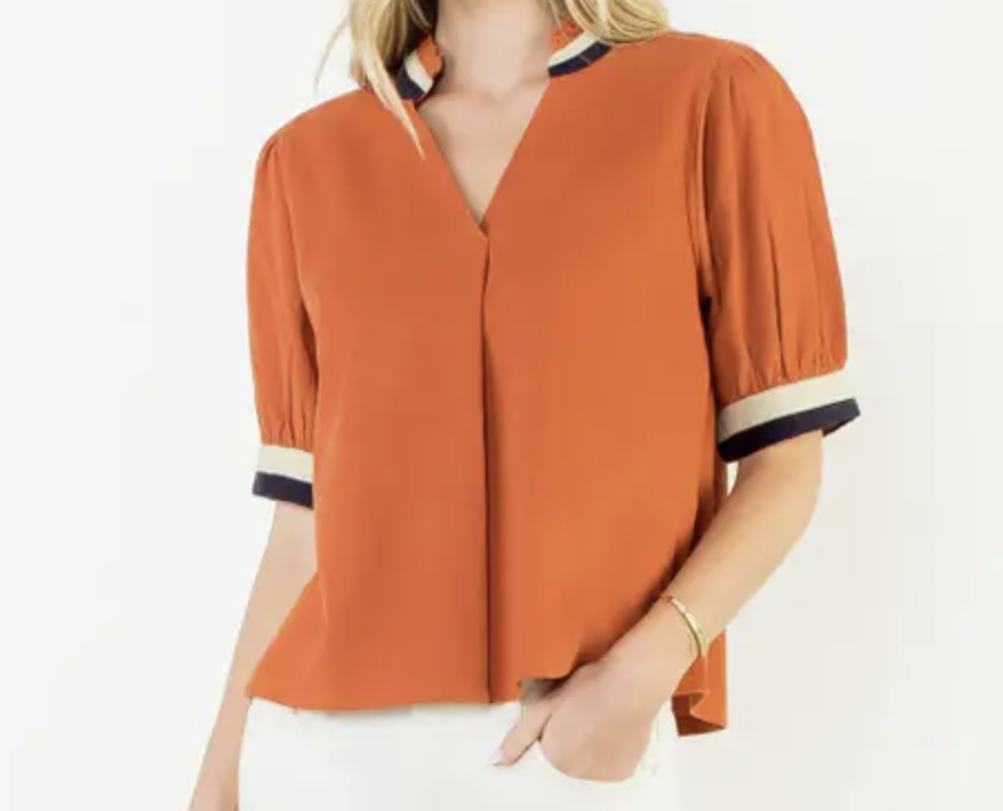 Contrast Trim Puff Sleeve Corduroy