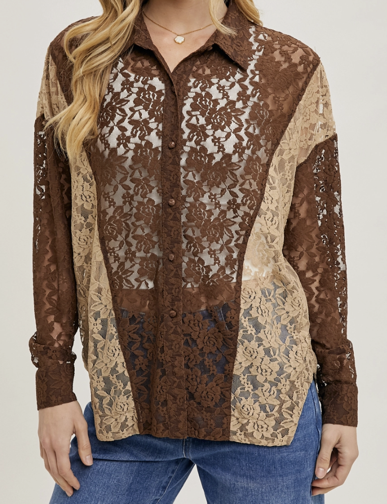 Color Block Lace Button Down Blouse