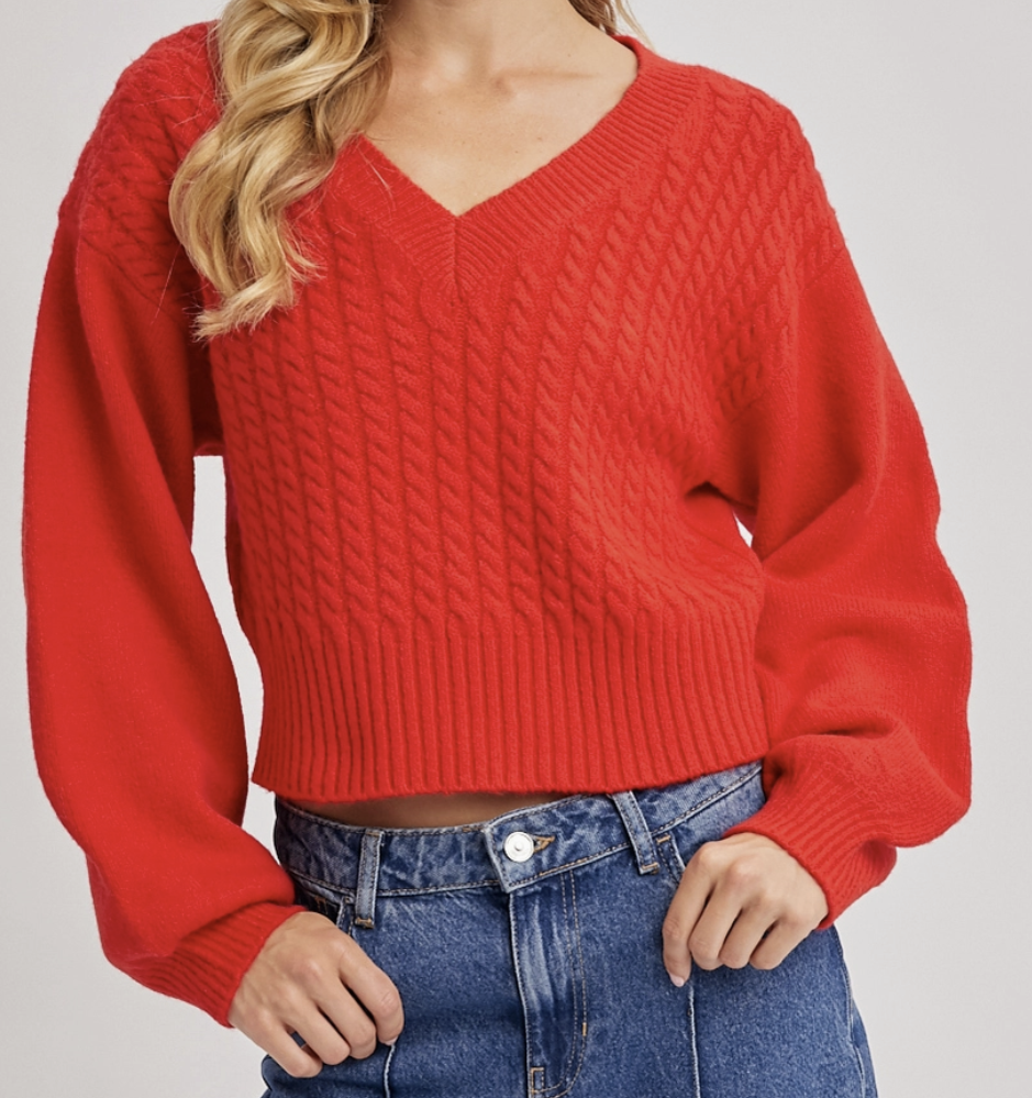 Cropped V-Neck Cable Knit
