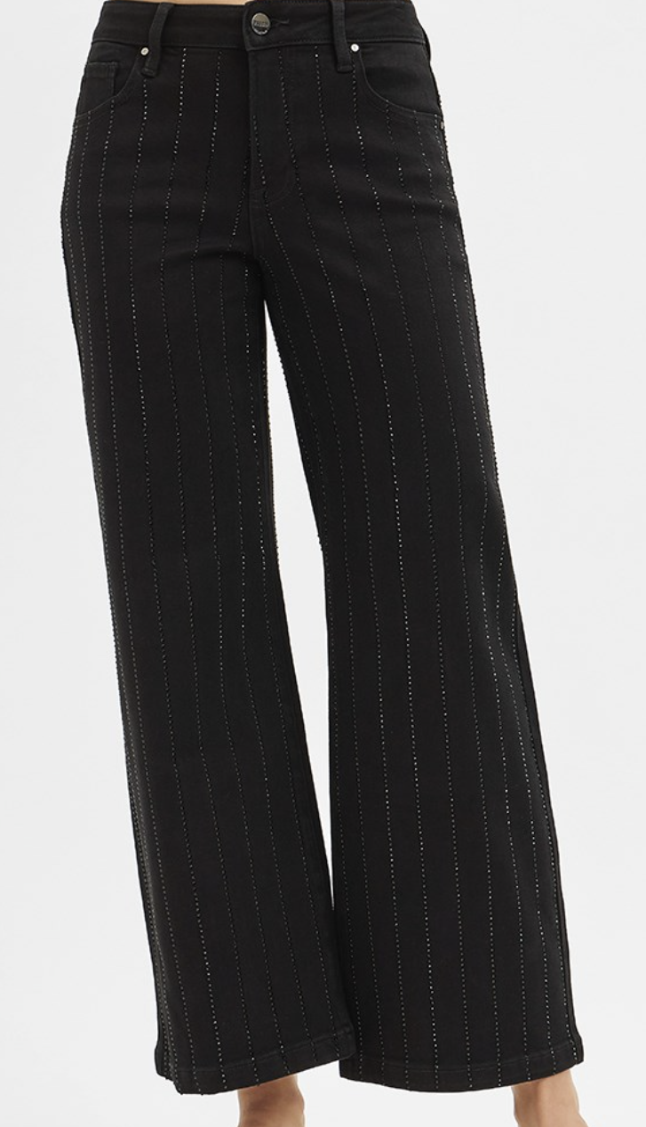 High Rise Crop Wide Rhinestone Jeans