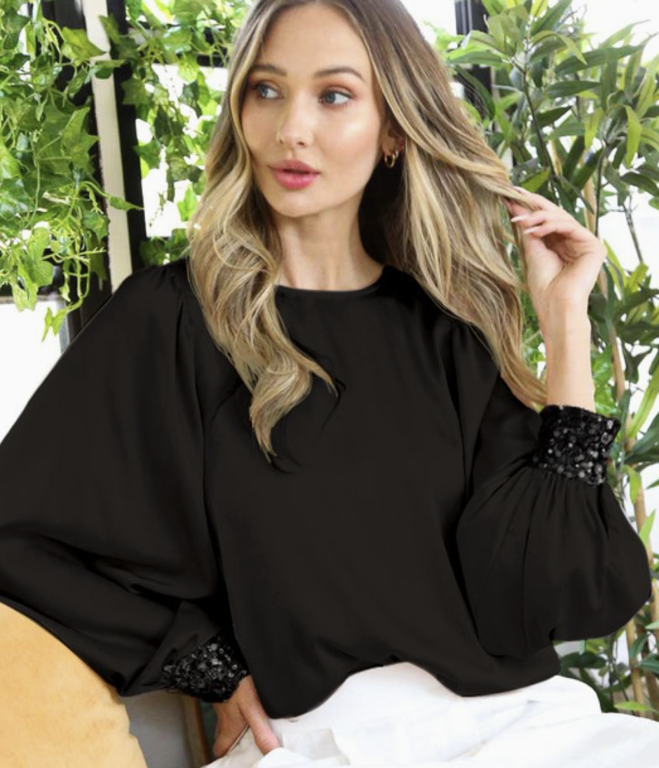 Sequin Cuff Detail Satin Top