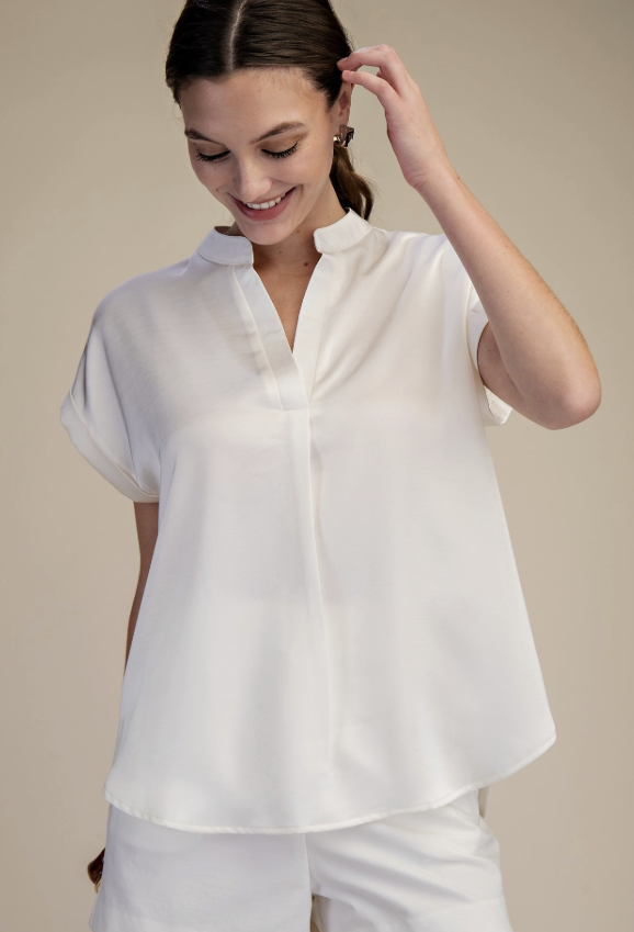 Short Cuff Sleeve V-Neck Blouse