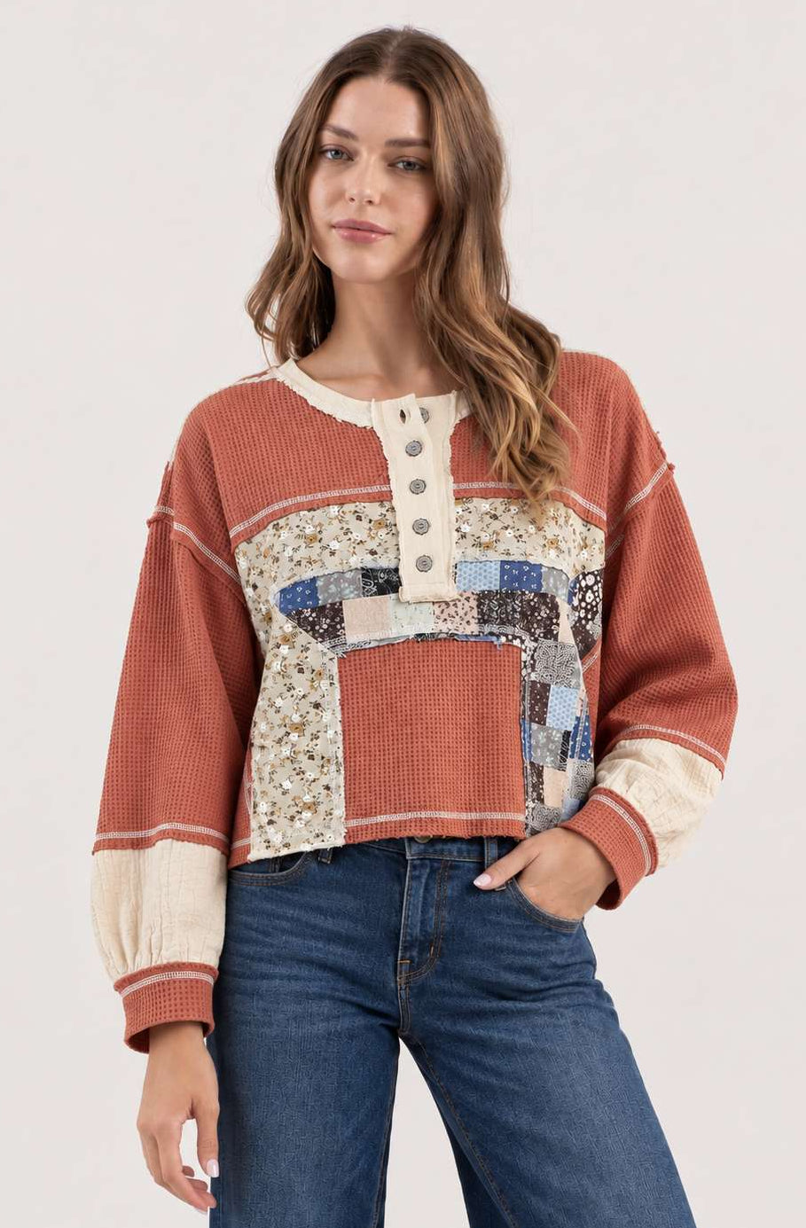 Thermal Knit Floral Patchwork Top