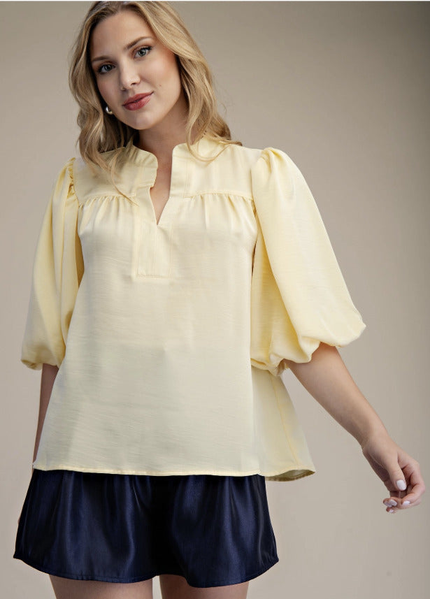 V-Neck Elbow Length Bubble Sleeve Blouse