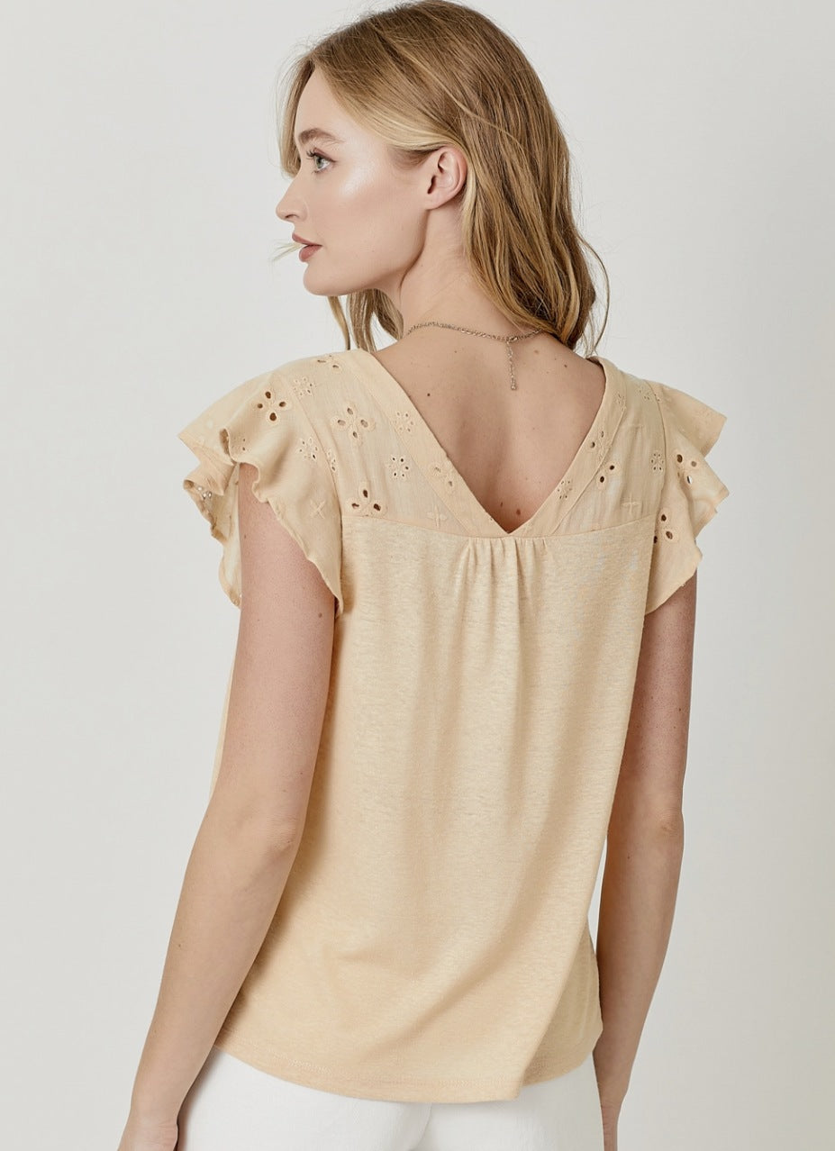 V-Neck Eyelet Lace-Flutter Sleeve Top