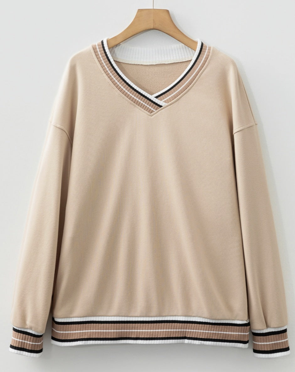 Varsity Striped Trim V-Neck Sweatshirt